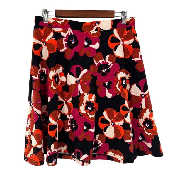 ECI New York Floral A-Line Skirt Large Black/Orange/Pink Stretch Mod Retro Artsy - Picture 1 of 13